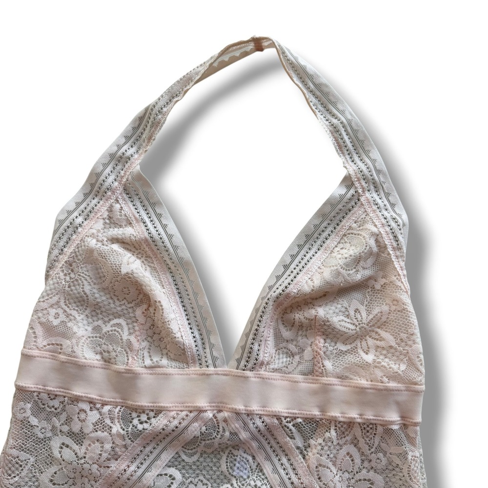 Aerie Womens S Blush Pink Floral Lace Halter Bodysuit Deep V Open Back Boho Sexy